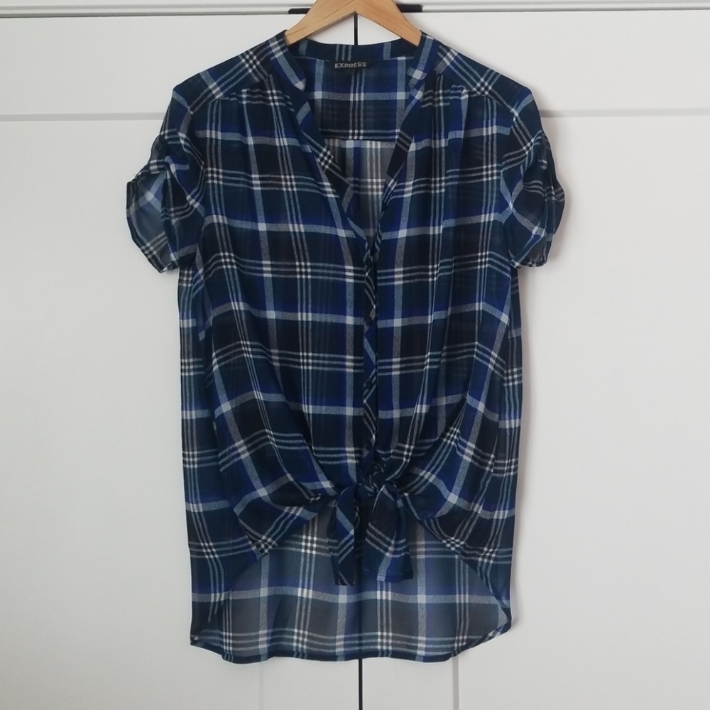 Express plaid tie front top